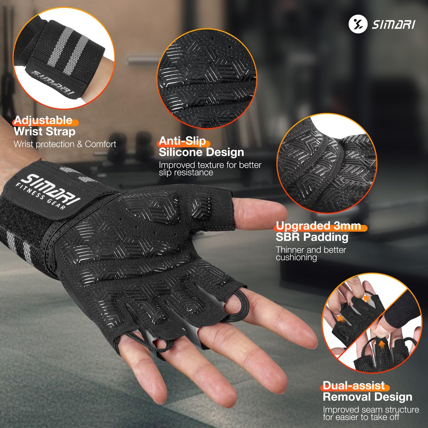 SIMARI Wrist Support Workout Gloves for Men & Women, Weight Lifting Gloves with Padded, Grip, Palm Protection, Gift for Gym Exercise, Cycling, Weightlifting Training, Kayaking, Fitness (Black Gray-M)