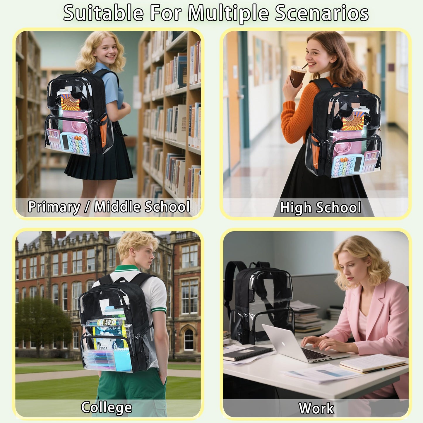 YOLIBON Clear Backpack Heavy Duty,18'' Large Clear Backpack with Multiple Pockets,See Through Bookbag for Boys & Girls,College Work Security,Black