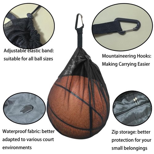 SHANMMY Single ball bag ball organizer drawstring with zippered pocket for carrying basketballs soccer balls and volleyballs