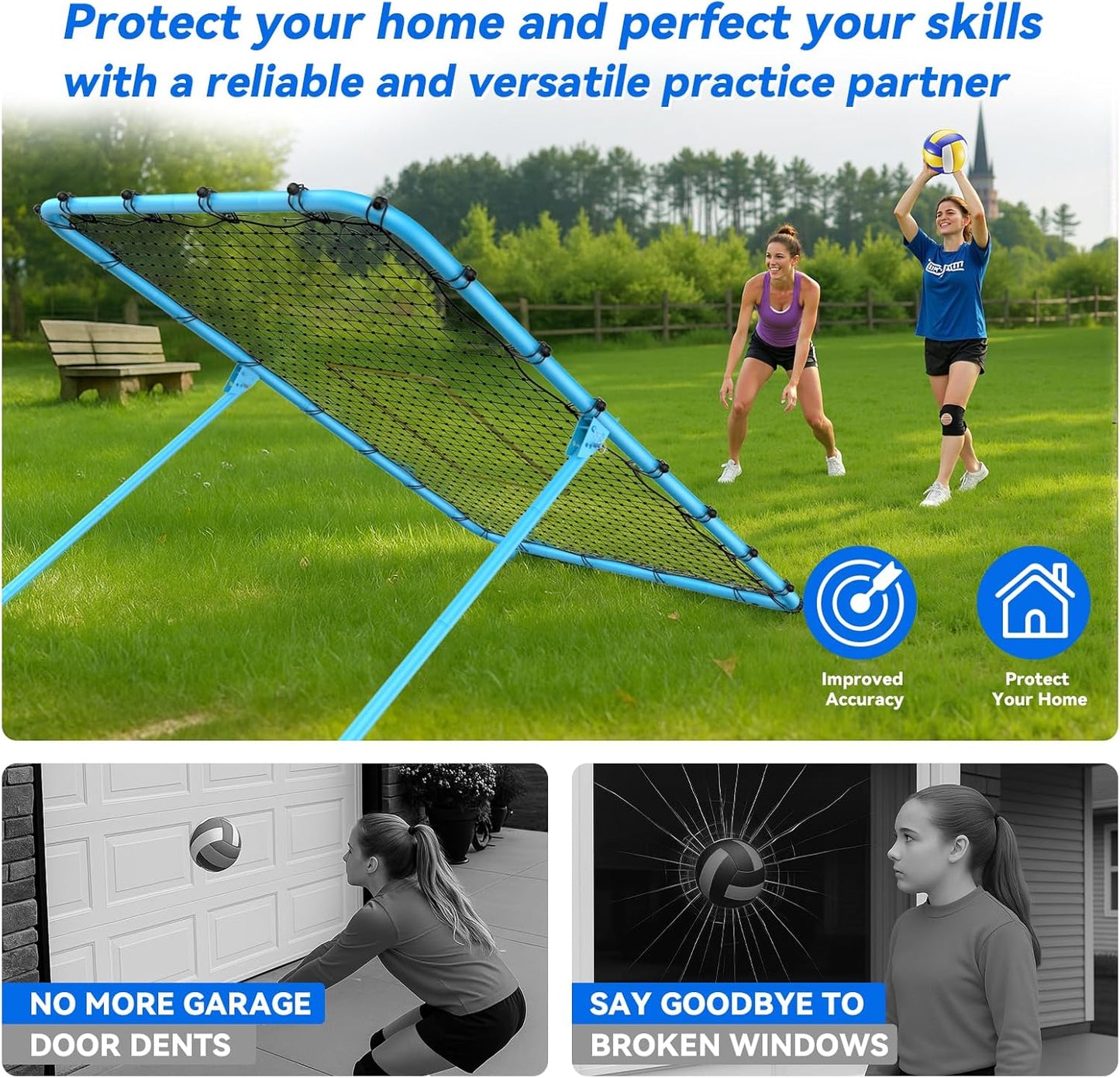 2-in-1 Volleyball Rebounder Net System, Adjustable from 7x4 ft to 4x4.75 ft, 5-Angle Bounce Back Net, Training Equipment for Volleying, Bumping, Spiking, Hockey, Soccer, Lacrosse, Softball Practice
