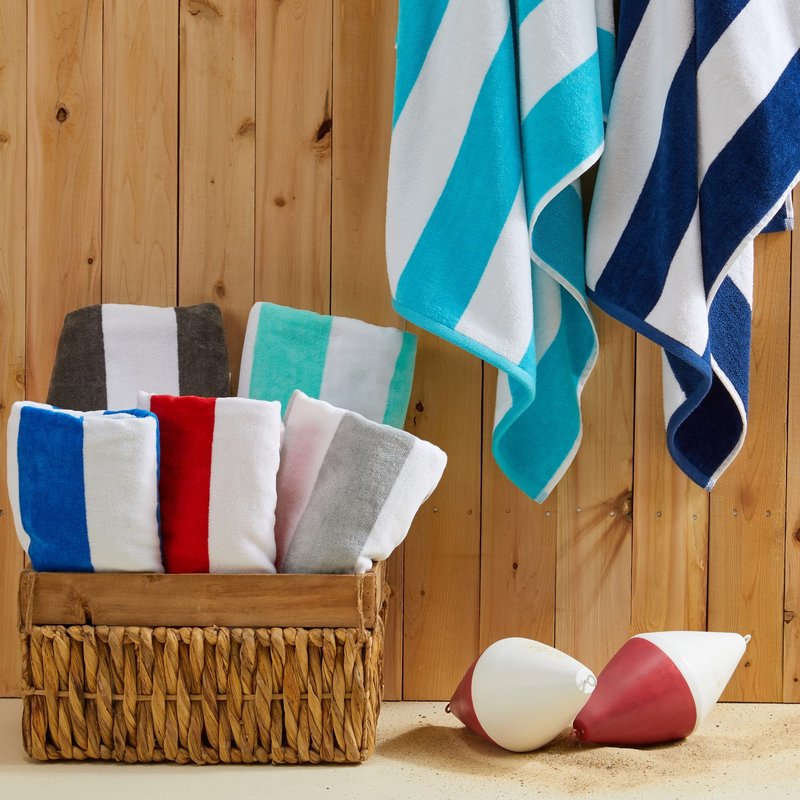 Market & Place 100% Cotton Velour Cabana Stripe Beach Towel Set 30" x 60" - Ultra Soft, Plush, & Highly Absorbent Towels for Pool, Beach, & Swimming. Marina Collection (4-Pack, Royal Blue)