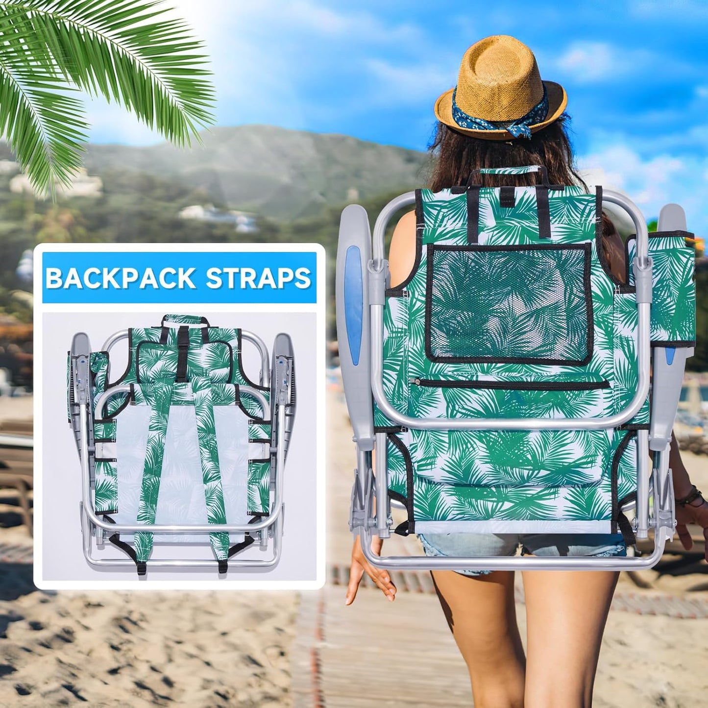 2 Pack Lightweight Portable Camping Beach Chair for Adults, Outdoor Lay Flat Folding Beach Chairs with 5 Positions, Backpack Beach Chair with Towel Bar, Zipper Pouch, Cup Holder, Ocean Striped