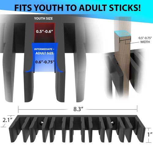 Hockey Sticks - Wall Mount Holder - (7) Hockey Stick Organizer - Youth to Adult Sizes Compatible