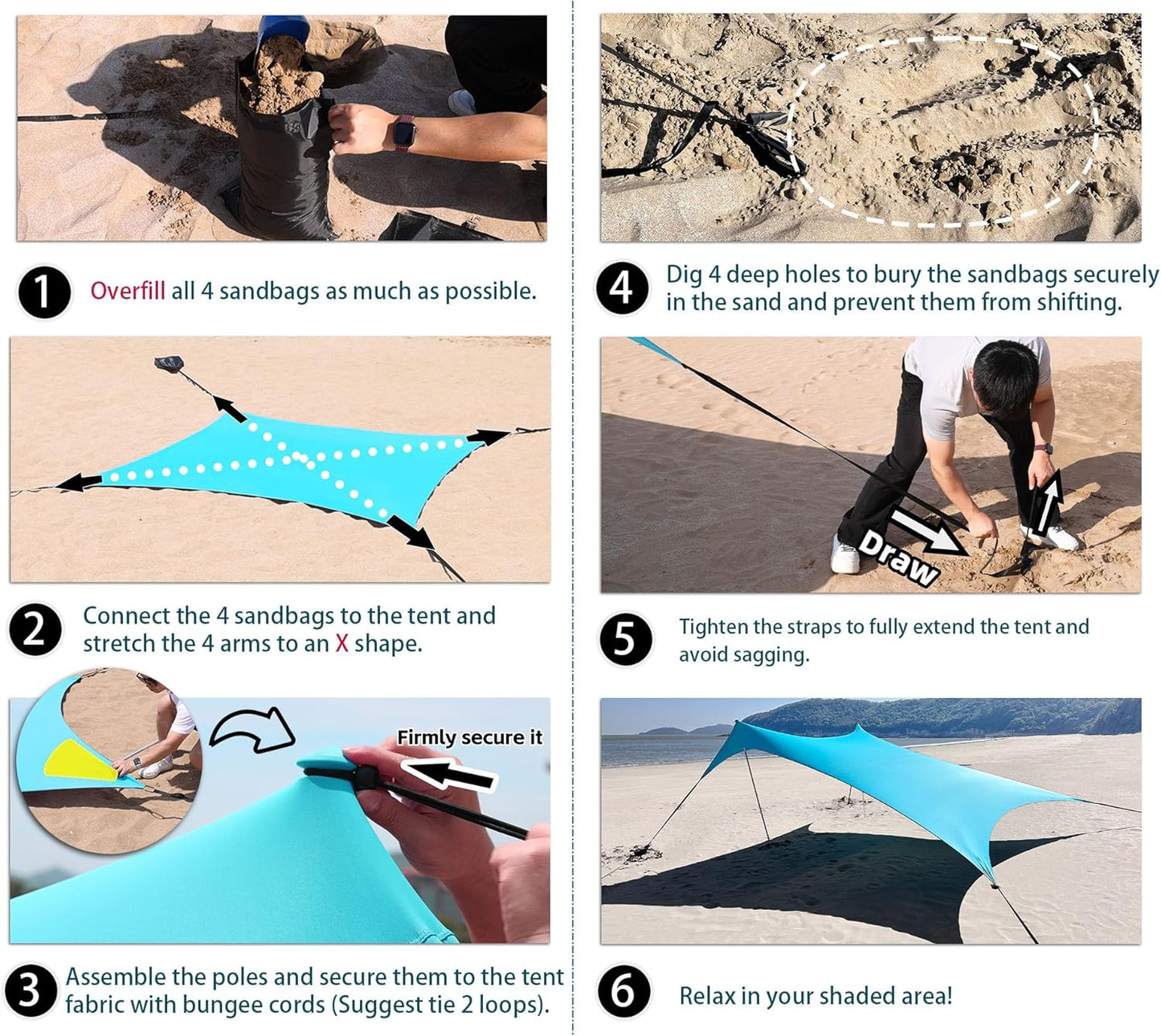 10×10ft UPF50+ Beach Tent Sun Shelter, Windproof Stable Outdoor Pop Up Beach Shade Canopy for Camping, Fishing, Backyard Fun or Picnics, 2 Poles