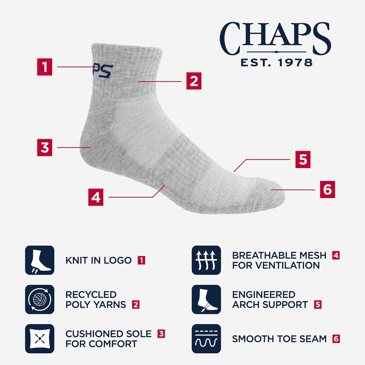Chaps Sport Cushioned Repreve Athletic Socks-6 Pair Pack-Breathable Front Mesh and Arch Support, Racing Stripe, Men's Shoe Size: 6-12