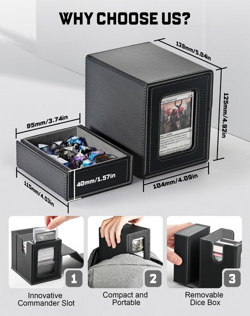 ZLCA MTG Commander Deck Box with Display Window, Card Deck Box Holds 100 Double-Sleeved with Dice Tray & 35pt Magnetic Card Holder (Black&Grey)
