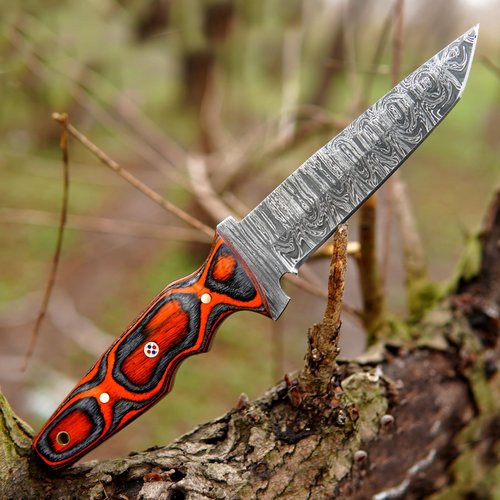 ColdLand Damascus Bushcraft Knife - 10.75 Inch Fixed Blade Knife with Camel Bone, Rose Wood & Pakka Wood Handle - Full Tang Hunting Knives with Leather Sheath for EDC, Camping & Hiking - NAK29