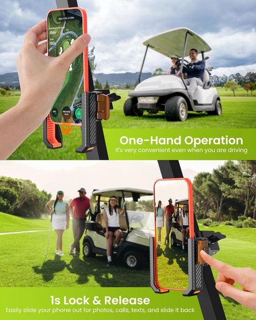 Smerkod Golf Cart Phone Holder Mount - 3s Phone Clip Install, 1s Lock & Release,Phone Caddy for iPhone Galaxy & More Fits Yamaha Club Car EZGO Icon, Golf Cart Accessories Essentials Gift for Men Women