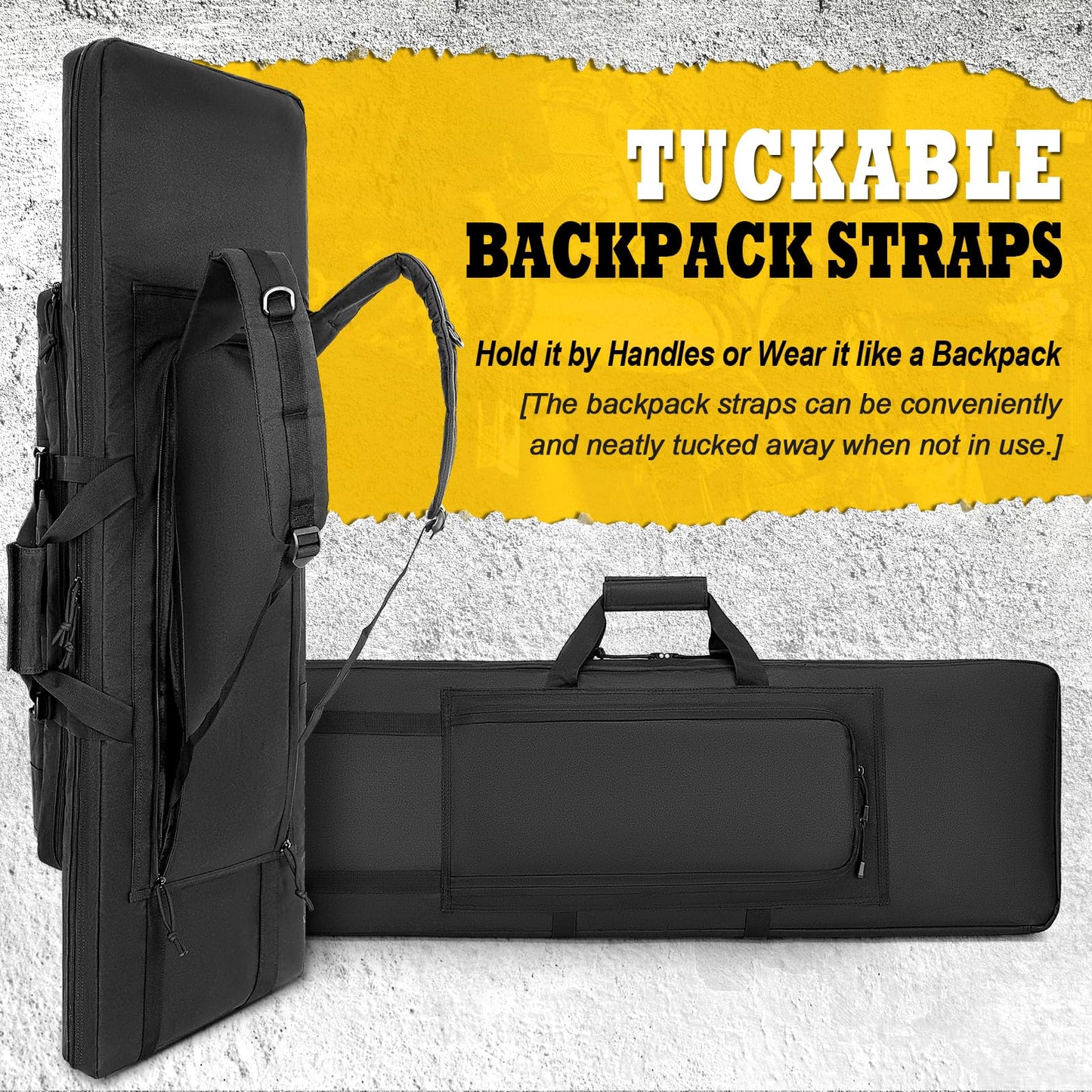 DULCE DOM Double Rifle Case, Soft Tactical Backpack for Hunting Shooting Range, Dual Storage Gun Bag for 2 Rifles & Pistols with Lockable Zippers & MOLLE System(Black, 36", Stowaway Backpack Straps)