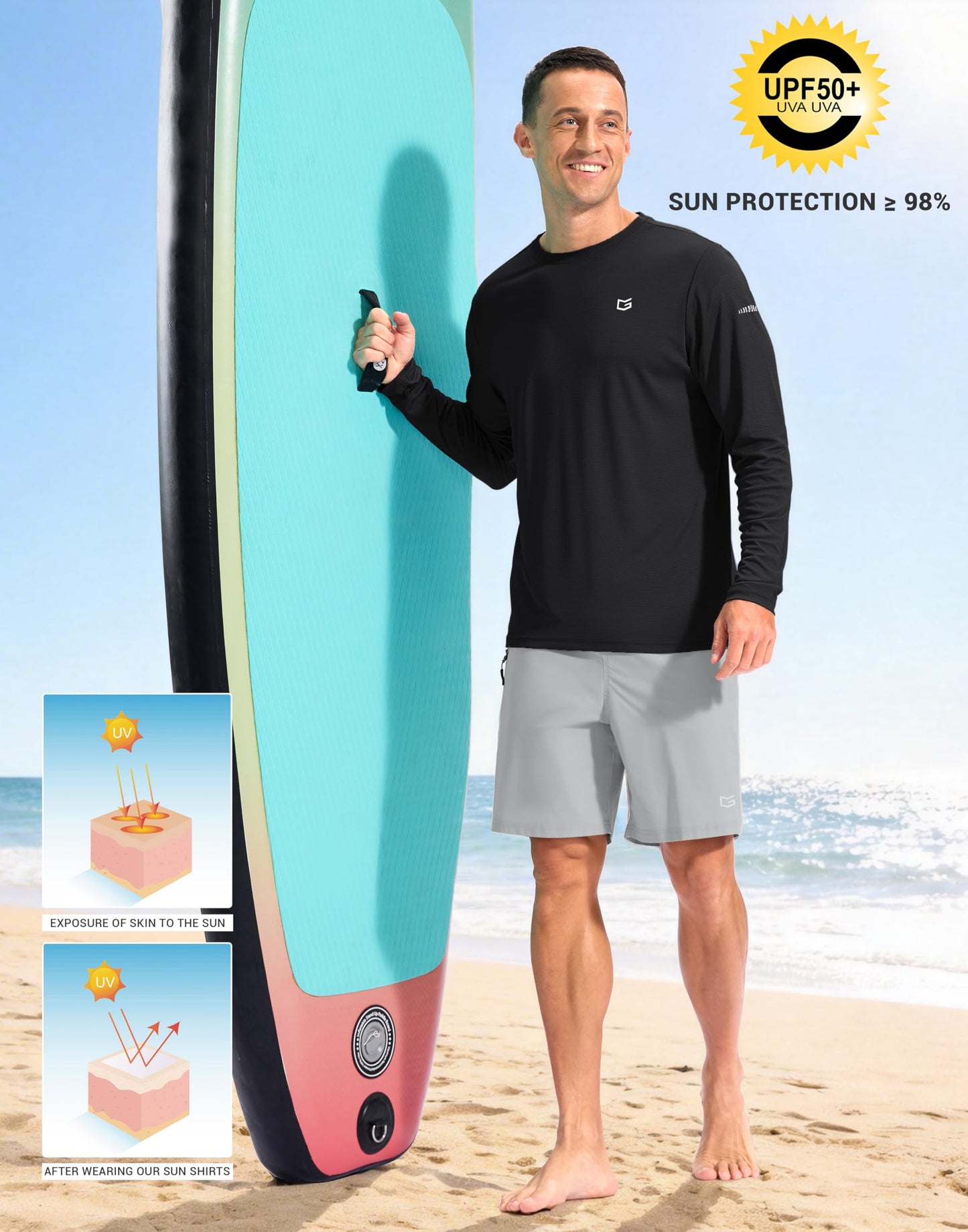 Men's Sun Protection Long Sleeve Shirts UPF 50+ Rash Guard Swim Lightweight Cooling UV SPF Shirt Fishing Workout Quick Dry Black
