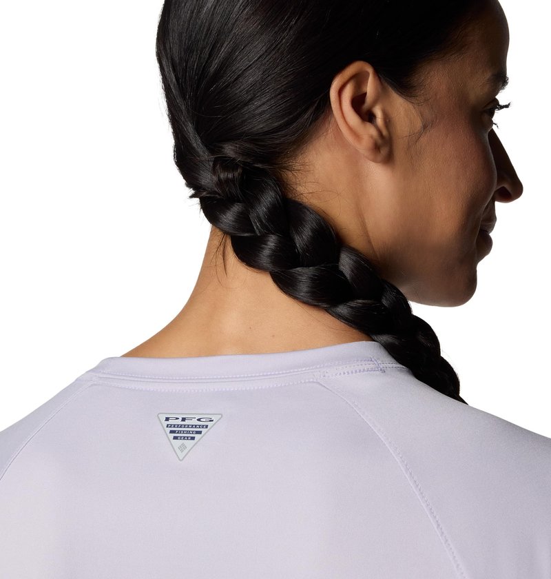 Columbia Womens PFG Tidal Tee II Long Sleeve Sun Protection Shirt, Lavender Pearl/Hydrangea Logo, Large