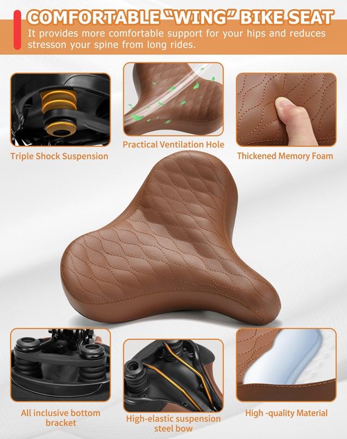 Phroxbik Wide Bicycle Seats for Comfort Men & Women, Oversized & Extra Soft Padded Bike Seat Cushion, Comfortable Large Bike Saddle for Ebike, Mountain Bike, Beach Cruiser, Stationary Exercise Bike