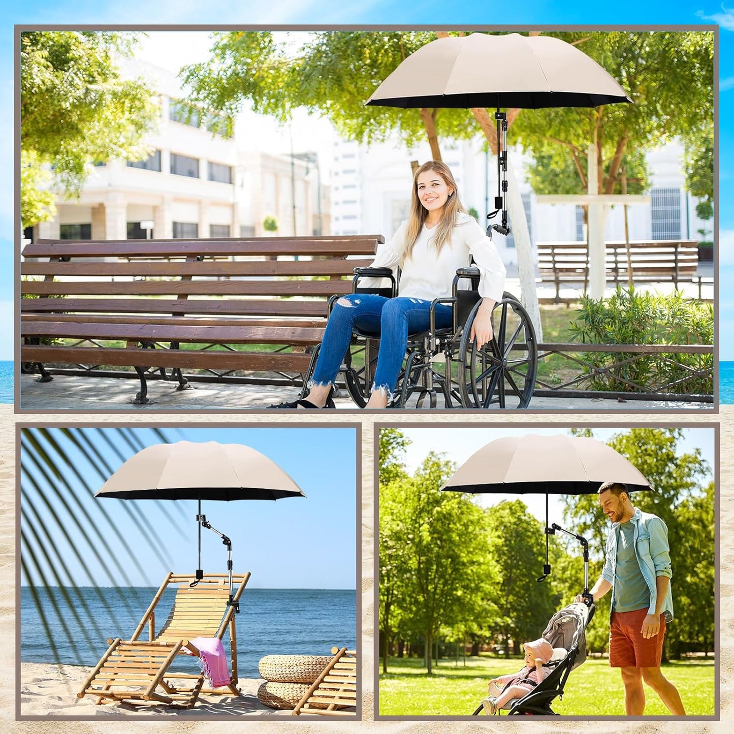 2 Pcs Beach Chair Umbrella with Clamp 49.2" 360° Adjustable Golf Umbrella with Clip and Retractable Stand Sun Shade for Camping Outdoor Travel Patio Wheelchair Golf Cart Stroller