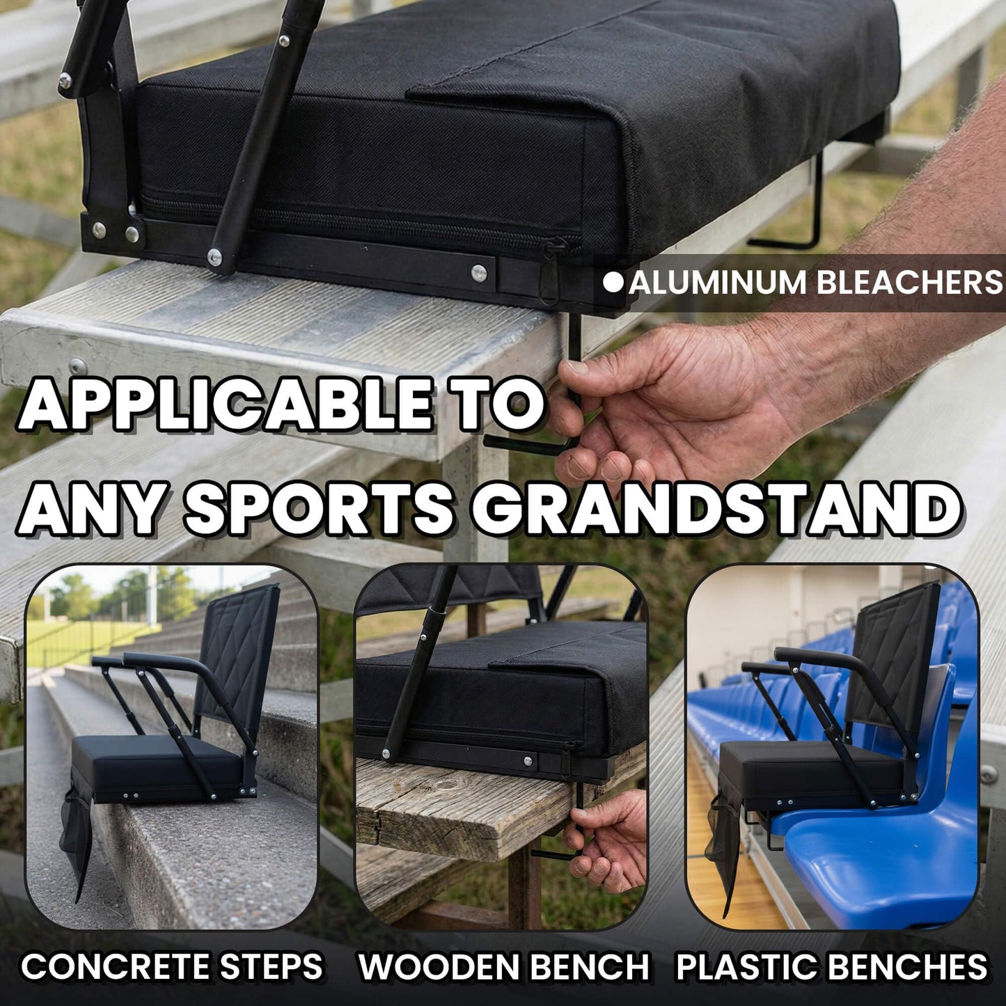 Sheenive Stadium Seats for Bleachers with Back Support (1 Pack) - 2.8'' Thick Wide Cushion & Padded Armrests, Cup Holder, Pockets, Carry Strap for Sports Events