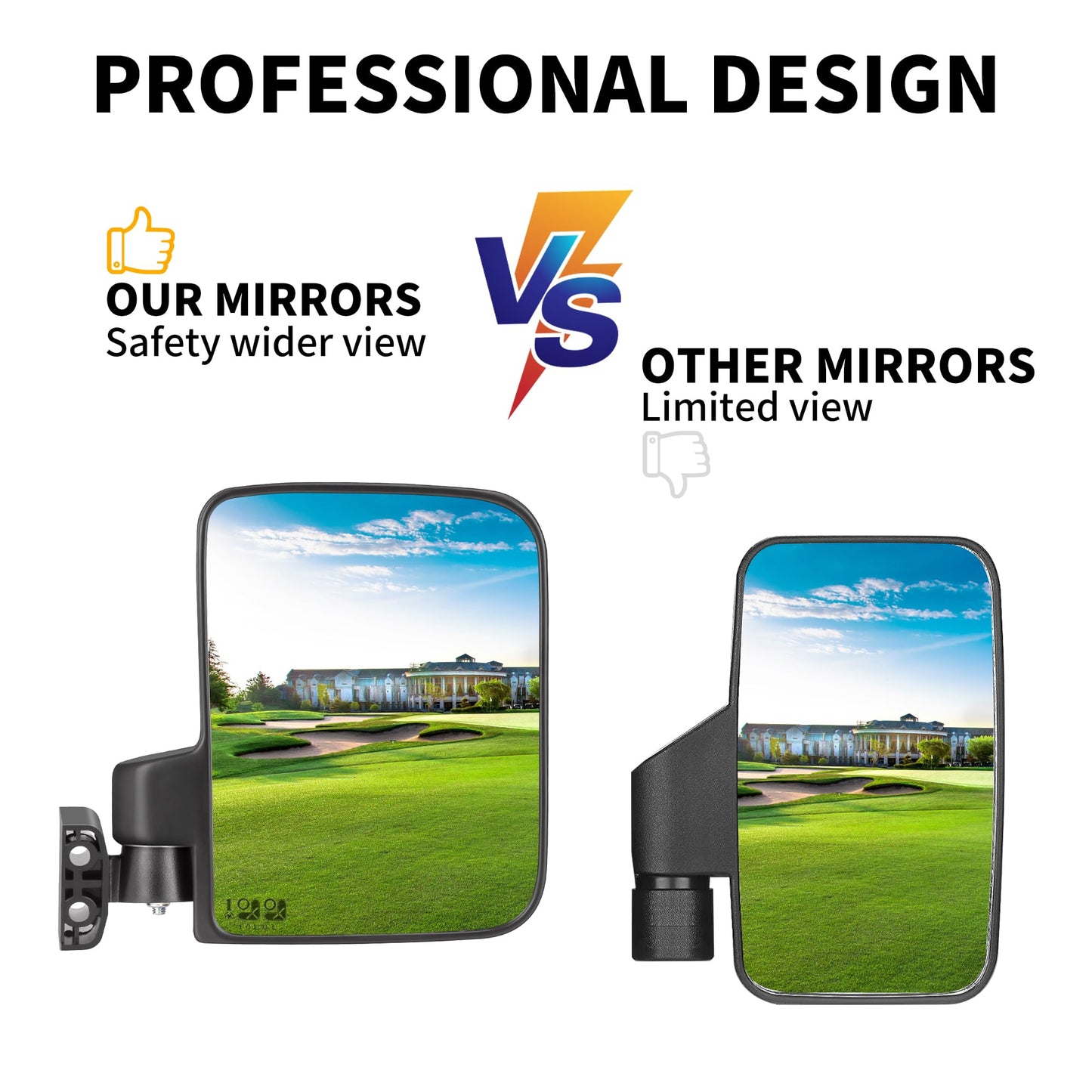 10L0L Golf Cart Mirror, No Drilling Extra Large Side View Mirror Universal for Yamaha, Club Car, EZGO, Folding Side Rear View Mirrors Adjustable 180 Degree (Black Clips)