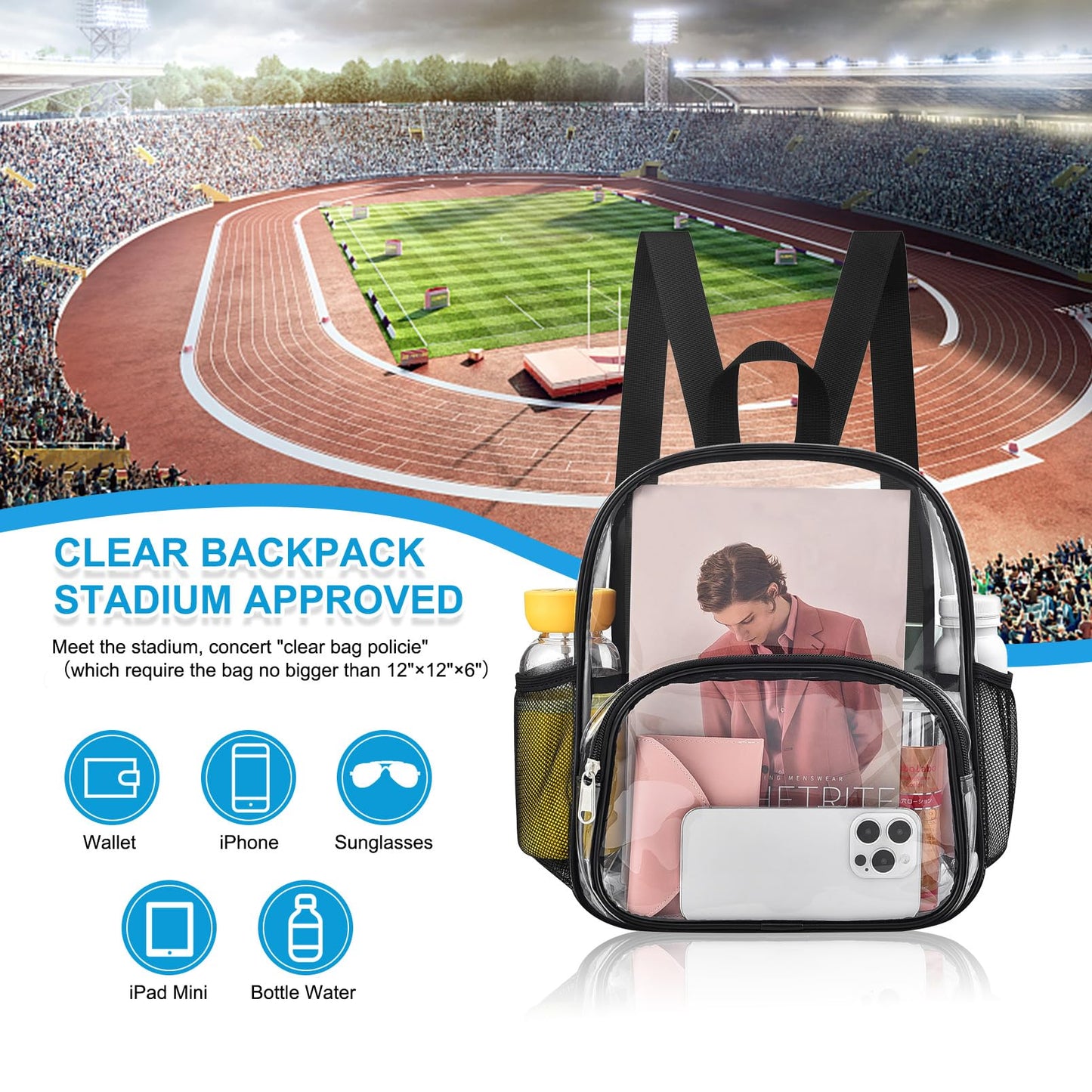 Busiuw Clear Backpack for Stadium Events Stadium Approved Clear Backpack 12x12x6 with Front Pocket for Concert Sport Fashion Women Backpack Events Work Travel