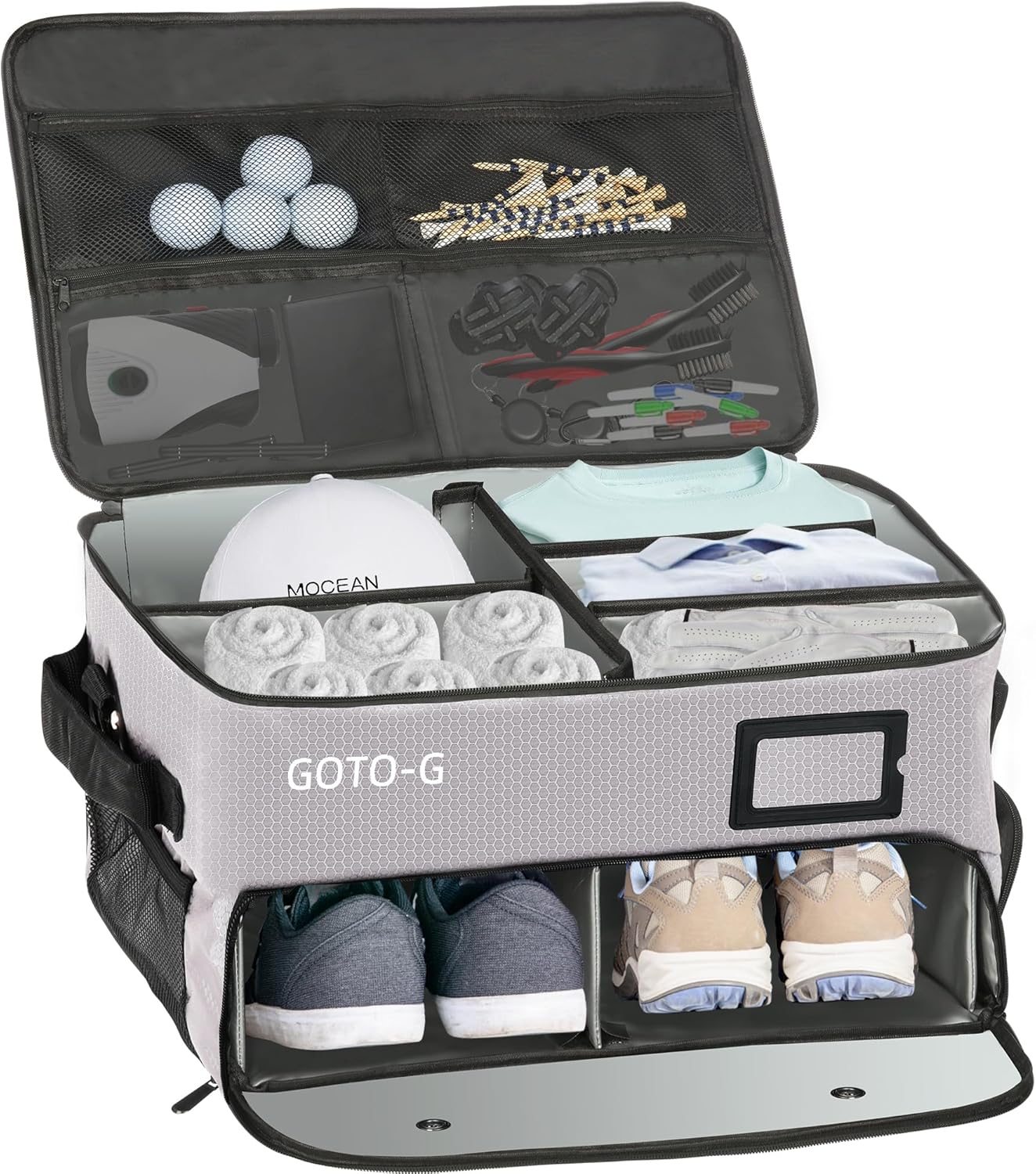 3 Layer Golf Trunk Organizer for 2 Pair Size 13 Shoes, Large Capacity, Gifts for Men with Waterproof Separate Ventilated Storage for Accessories, Balls, Tees, Clothes, Gloves (Black)