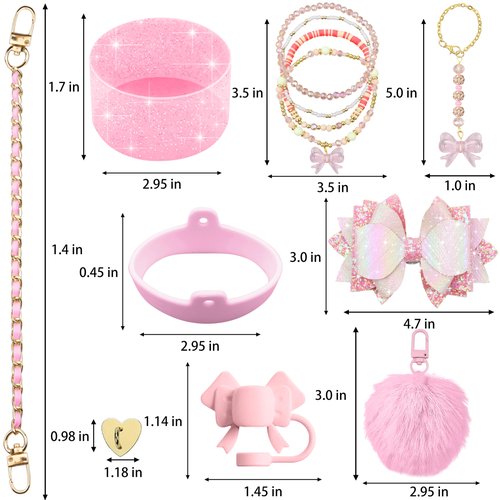 Hpebl 11PCS Accessories for Stanley Cup 40oz&30oz Tumbler Accessories Including Silicone Cute Pink Bow Straw Topper Cover Silicone Stanley Boot Leather Bottle Handle Strap Bracelet Y2K Pink Charms