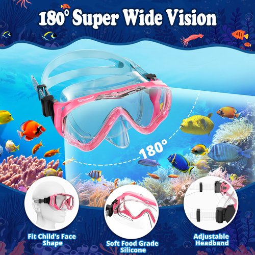 Kids Snorkel Set for Age 4-14 - Dry Top Snorkeling Gear for Kids Junior & Youth - Childs Diving Mask with Big Eyes for Boys Girls - Anti-Fog Snorkeling Mask and Snorkel Set