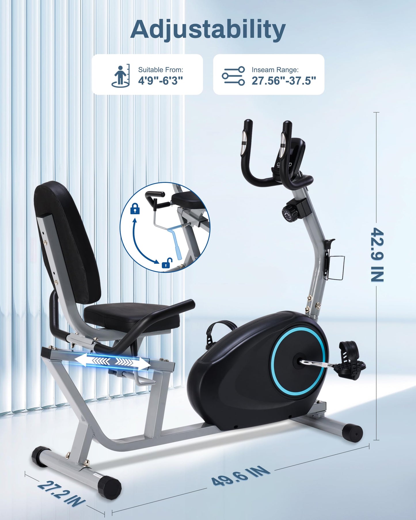 Kawnina Recumbent Exercise Bike for Seniors - Quick Adjust Seat, Magnetic Recumbent Bike with Quiet 16-Level Resistance, 400LB Weight Capacity, Backlit LCD Monitor, Heart Rate Handle