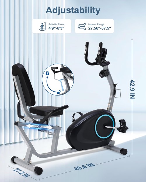 Kawnina Recumbent Exercise Bike for Seniors - Quick Adjust Seat, Magnetic Recumbent Bike with Quiet 16-Level Resistance, 400LB Weight Capacity, Backlit LCD Monitor, Heart Rate Handle