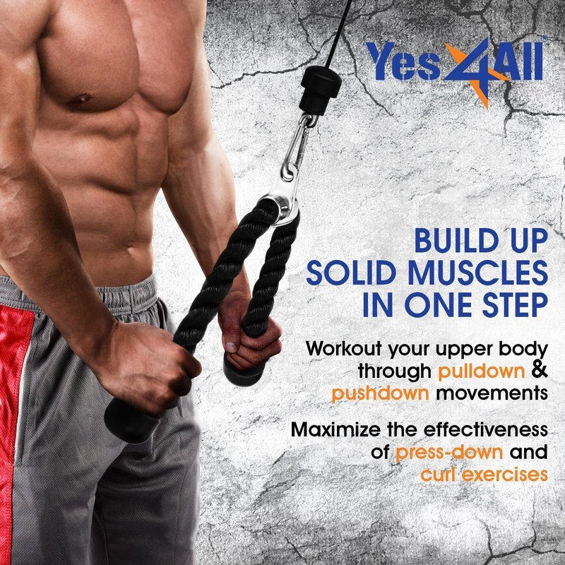 Yes4All Combo Tricep Rope & Single D-Handle for Cable Machine – Chrome D-Handle Cable Attachment – Tricep Rope Pull Down