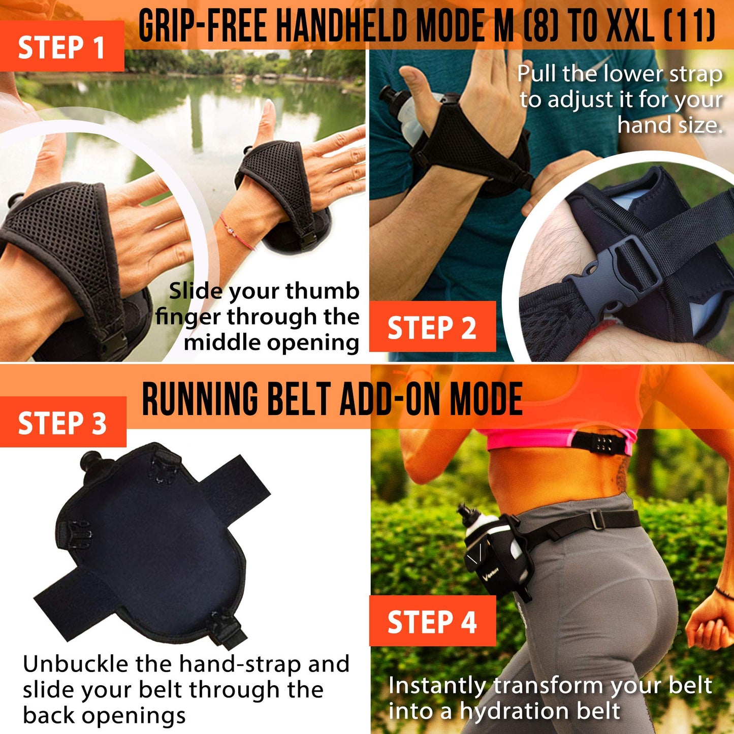 2-in-1 Running Fun Black Handheld 12 Oz Water Bottle & Belt Add-on – Strap to Hand or Slide on Belt – Waterproof Pocket for Money, Key, ID – Maximize Your Time, Freedom & Health