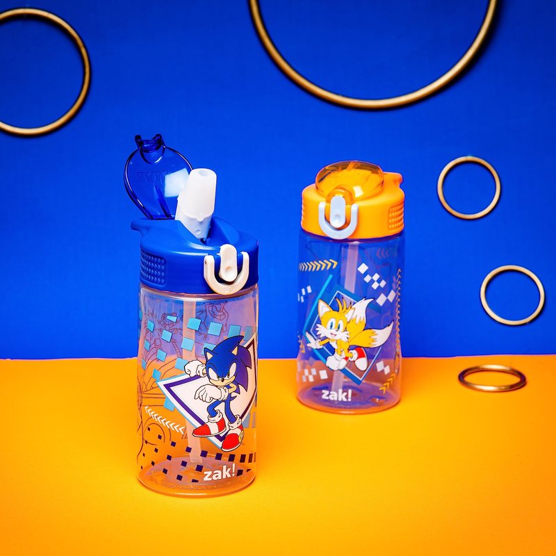Zak Designs Sonic Kids' 2-Pack Leak-Proof Water Bottles With Straw, Handle and Pop-Up Spout Cover