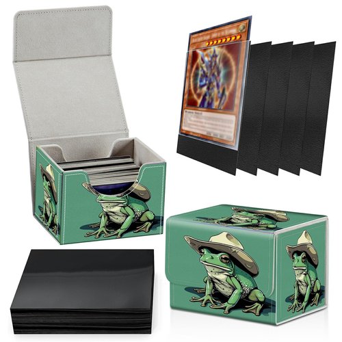 SROJDHFJB Card Deck Box Plus 100 Counts Black Card Sleeves, Green Frog for Collectible MTG TCG CCG Card Storage Box Horizontal Holds 100+ Single Sleeved Cards, Magic Game Cards Organizer