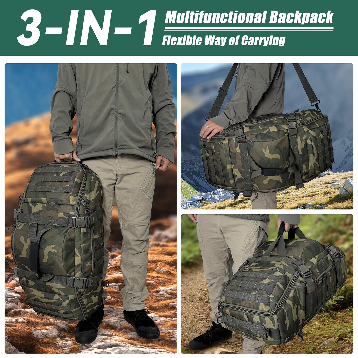 Hannibal Tactical 65L Large Duffle Bag, 3-in-1 Tactical Backpack MOLLE Pack for Sports, Gym, Outdoor, Woodland