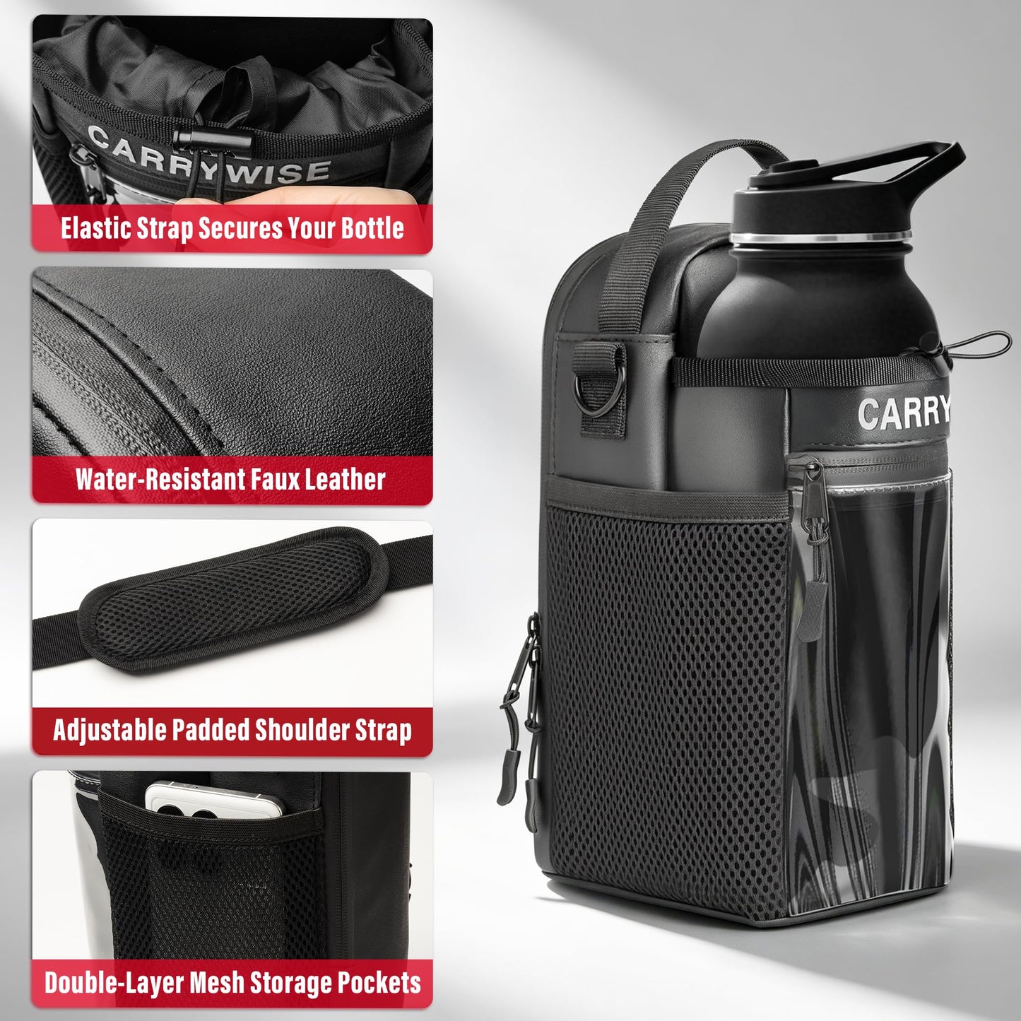 Magnetic Gym Bag, Gym Bags for Men and Women, Hands-Free Water Bottle Holder with Strap & Touchscreen Pocket, Attachable Water Bottle Bag for Treadmill, Workout & Fitness Equipment (No Bottles)