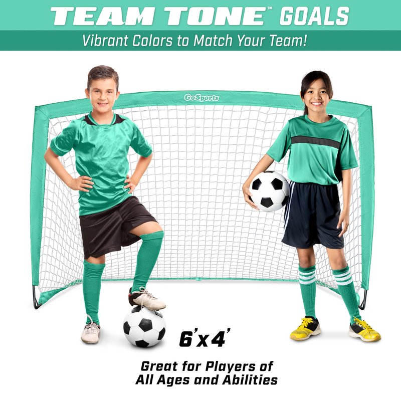 GoSports Team Tone 6 ft x 4 ft Portable Soccer Goal for Kids - Pop Up Net for Backyard - Turquoise