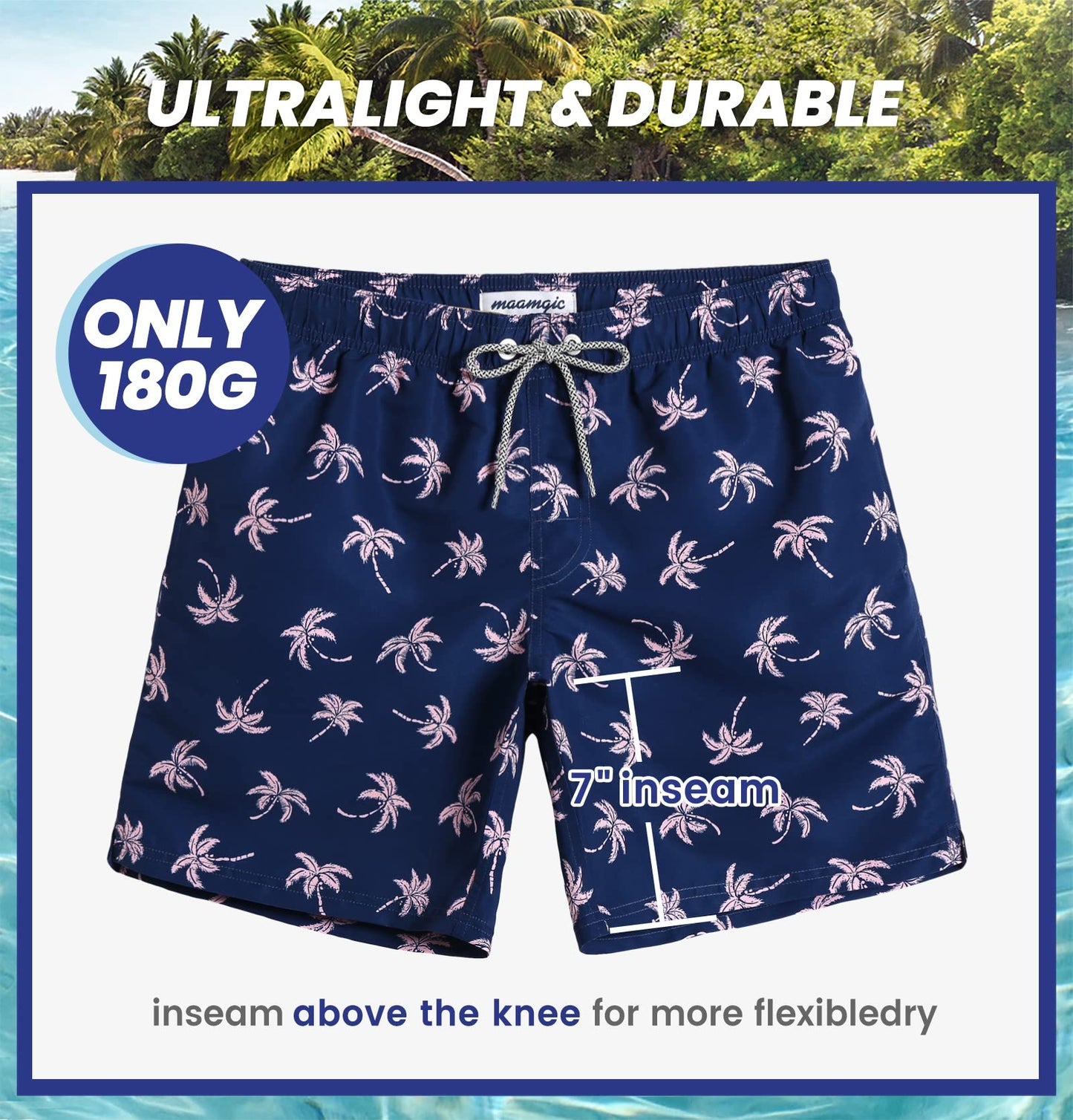 maamgic Mens Swim Trunks Quick Dry Swim Shorts with Mesh Lining Funny Swimwear Bathing Suits 7inch Navy Palm X-Small