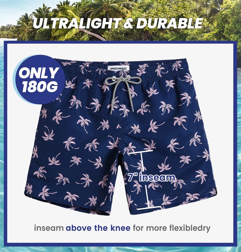 maamgic Mens Swim Trunks Quick Dry Swim Shorts with Mesh Lining Funny Swimwear Bathing Suits 7inch Navy Palm X-Small