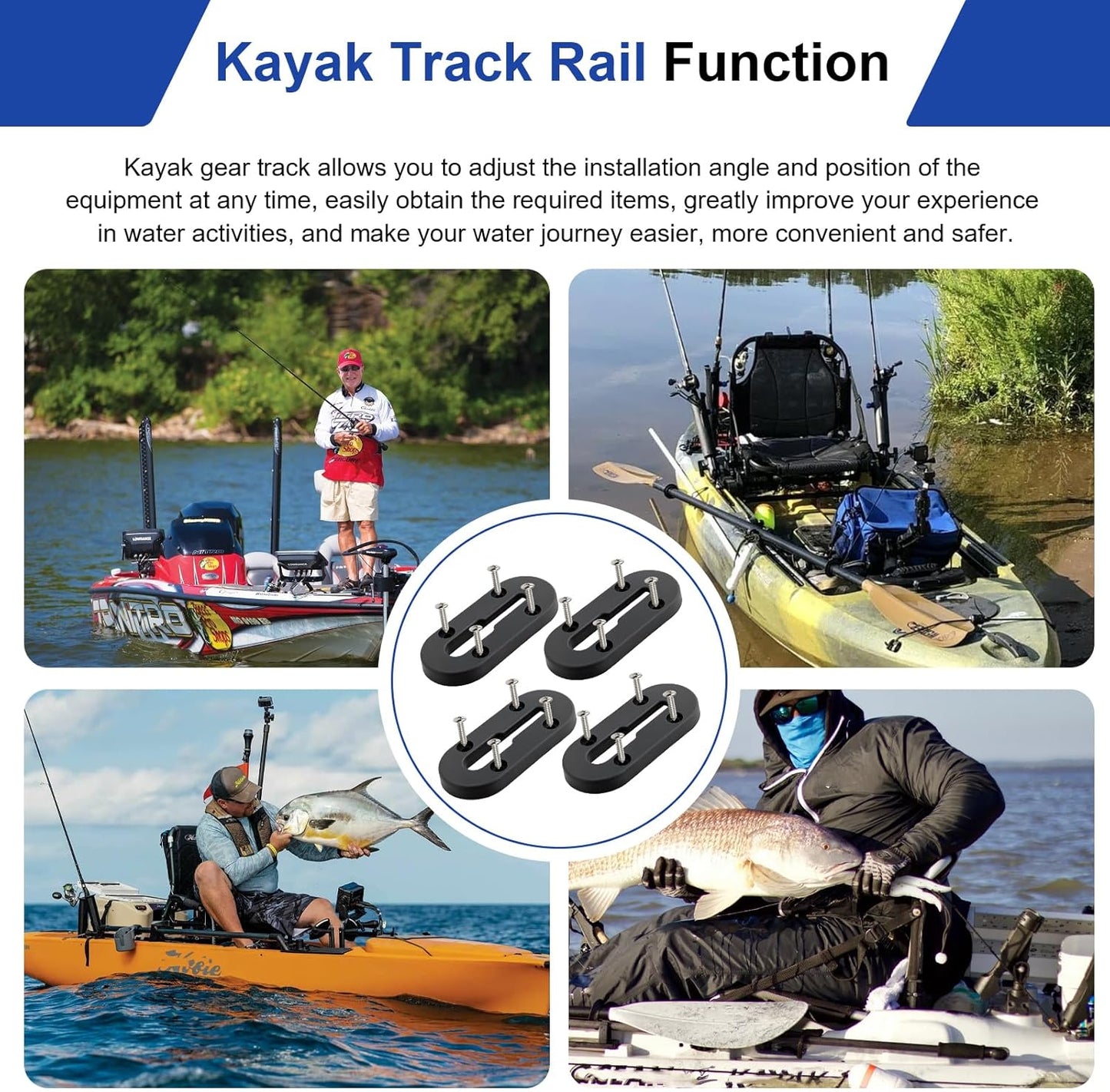 Kayak Track Mount, Kayak Rail Track Mount, Kayak Gear Track Accessories, Kayak Low Profile Track for Fishing Rod Holder, Cup Holder, Paddle Holders, Anchor Cleats (4 in, 4 Holes, 4 Pieces)