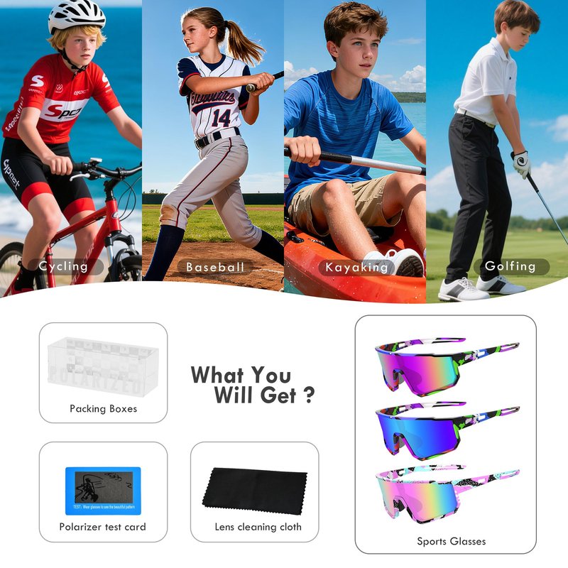 BOLLFO 3 PackPolarized Sports Sunglasses,UV400 Protection Outdoor Glasses for Men Women Youth Baseball Cycling Running Driving Golf