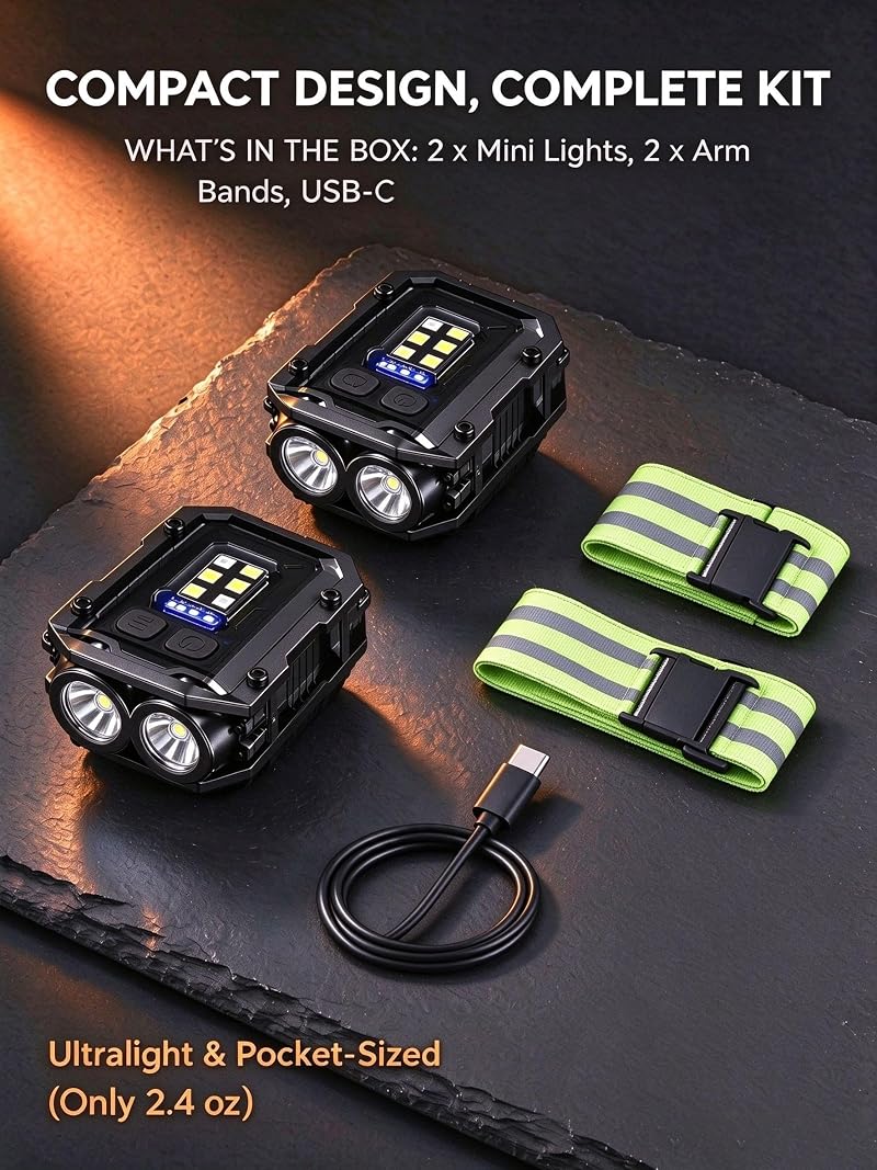 2 Pack 500LM Magnetic USB-C Running Light with Arm Band – Hands-Free LED Headlamp