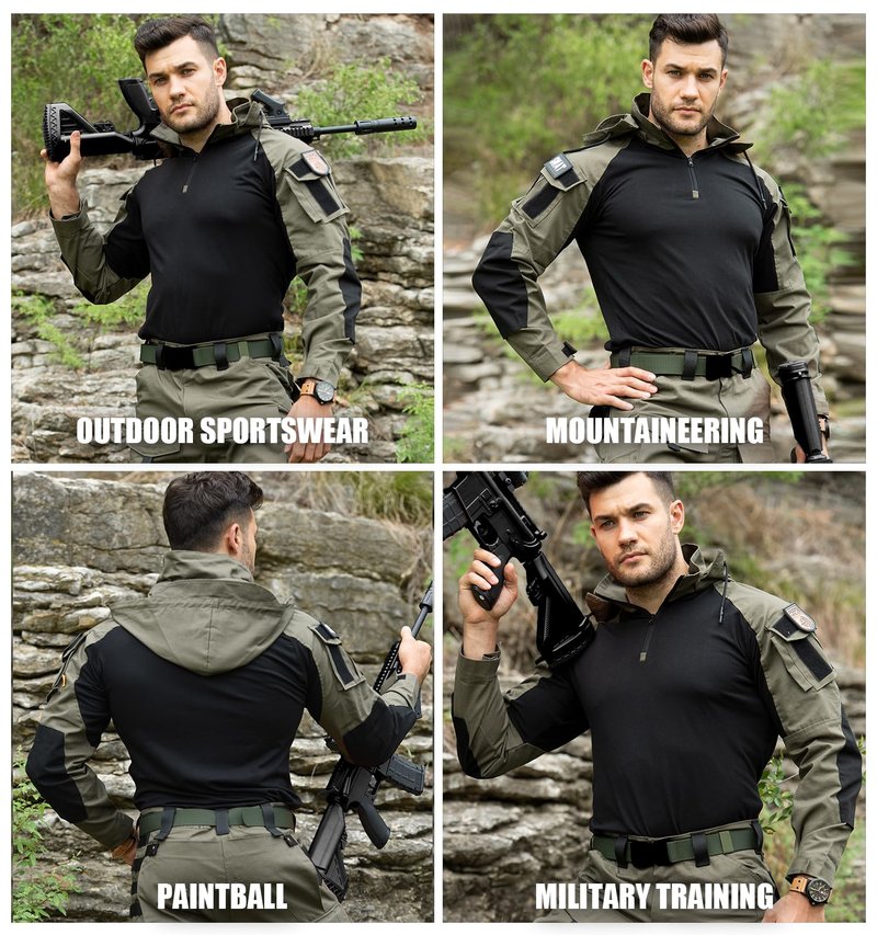 TACTICS ARMOR Tactical Shirt Men's Combat Shirt Tactical Military Camo Long Sleeve Suitable for Airsoft Paintball with Elbow Pads and Pockets