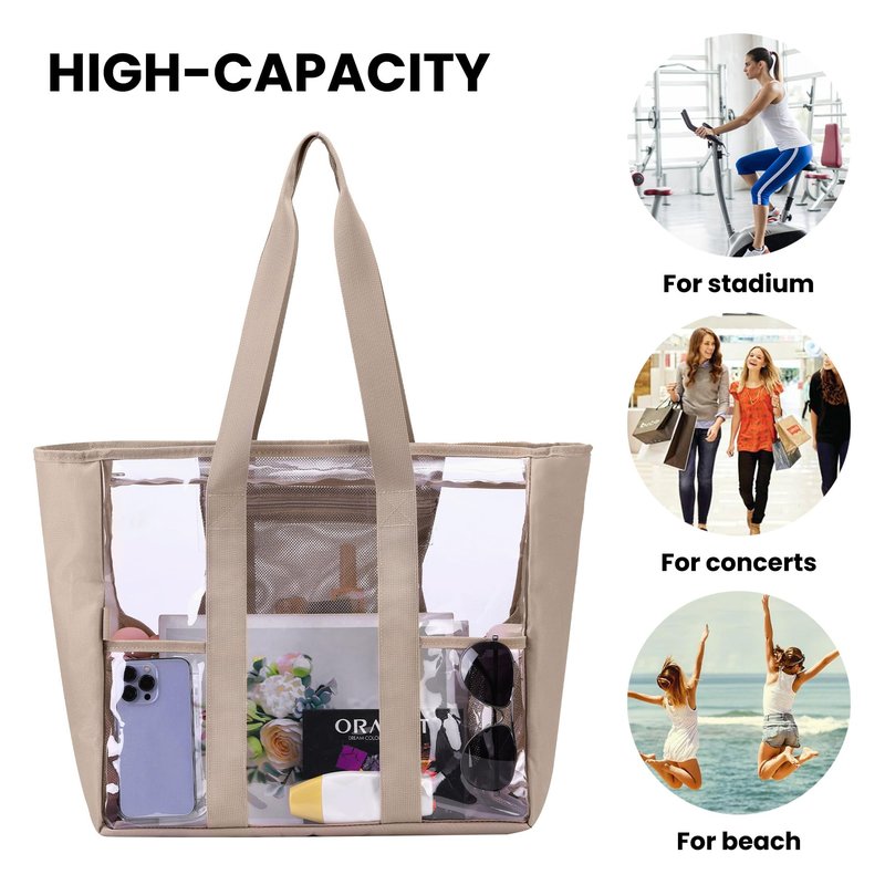 BORMELUN Women's Clear Bag Tote for Work Stadium Events Travel, Heavy Duty Purse Transparent Plastic see through Handbag with XL Capacity,Khaki