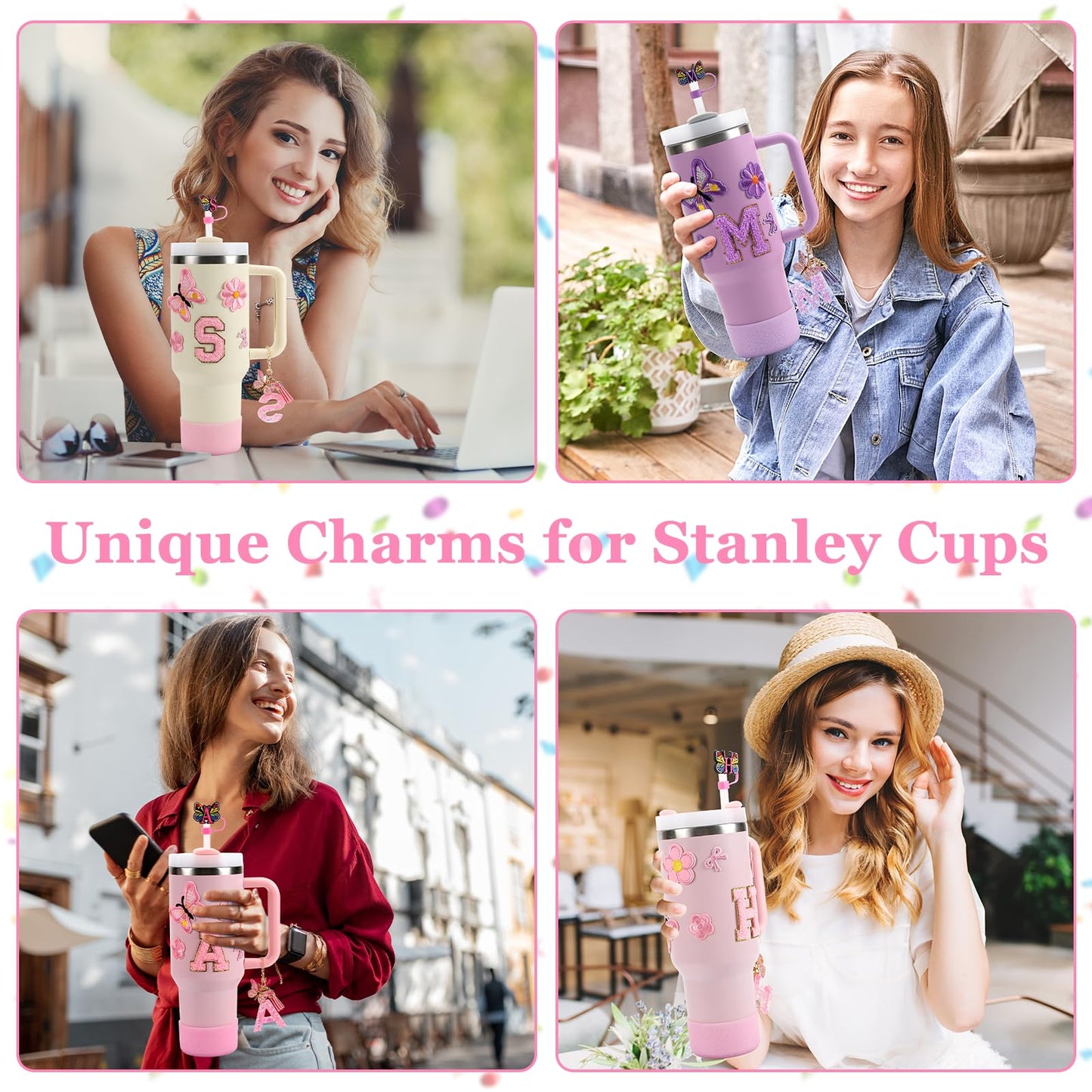 15PCS Cup Accessories Set for Stanley Cup 30oz 40oz Tumbler with Handle, Including Silicone Straw Cover and Boot, Spill Proof Stopper, Stanley Charms, Handle Charm, Initials Sticker (Letter A, Pink)