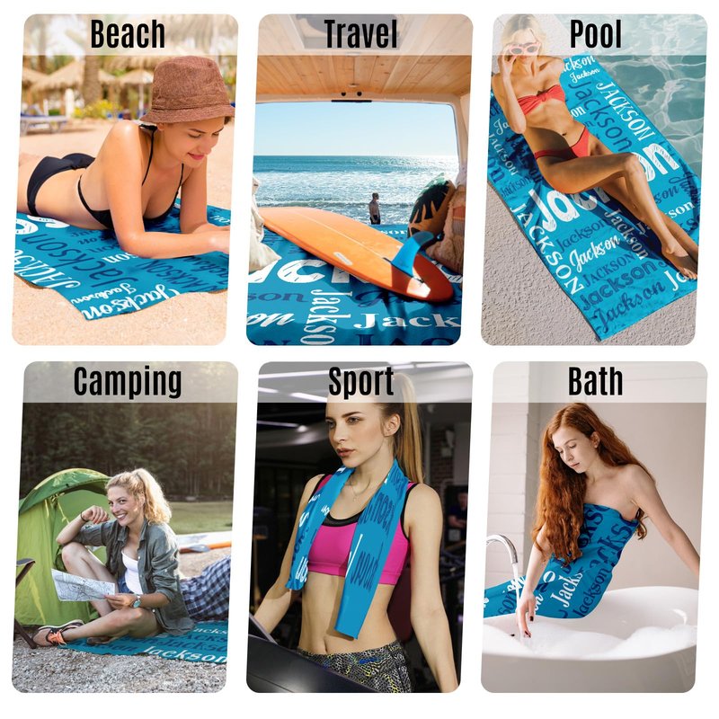 Jecivila Personalized Beach Towel with Name, Custom Microfiber Beach Towels for Kids & Adults, Sand Free Quick Dry Oversized Bath Towel for Pool Swim Travel Camping Summer Vacation Birthday Gift