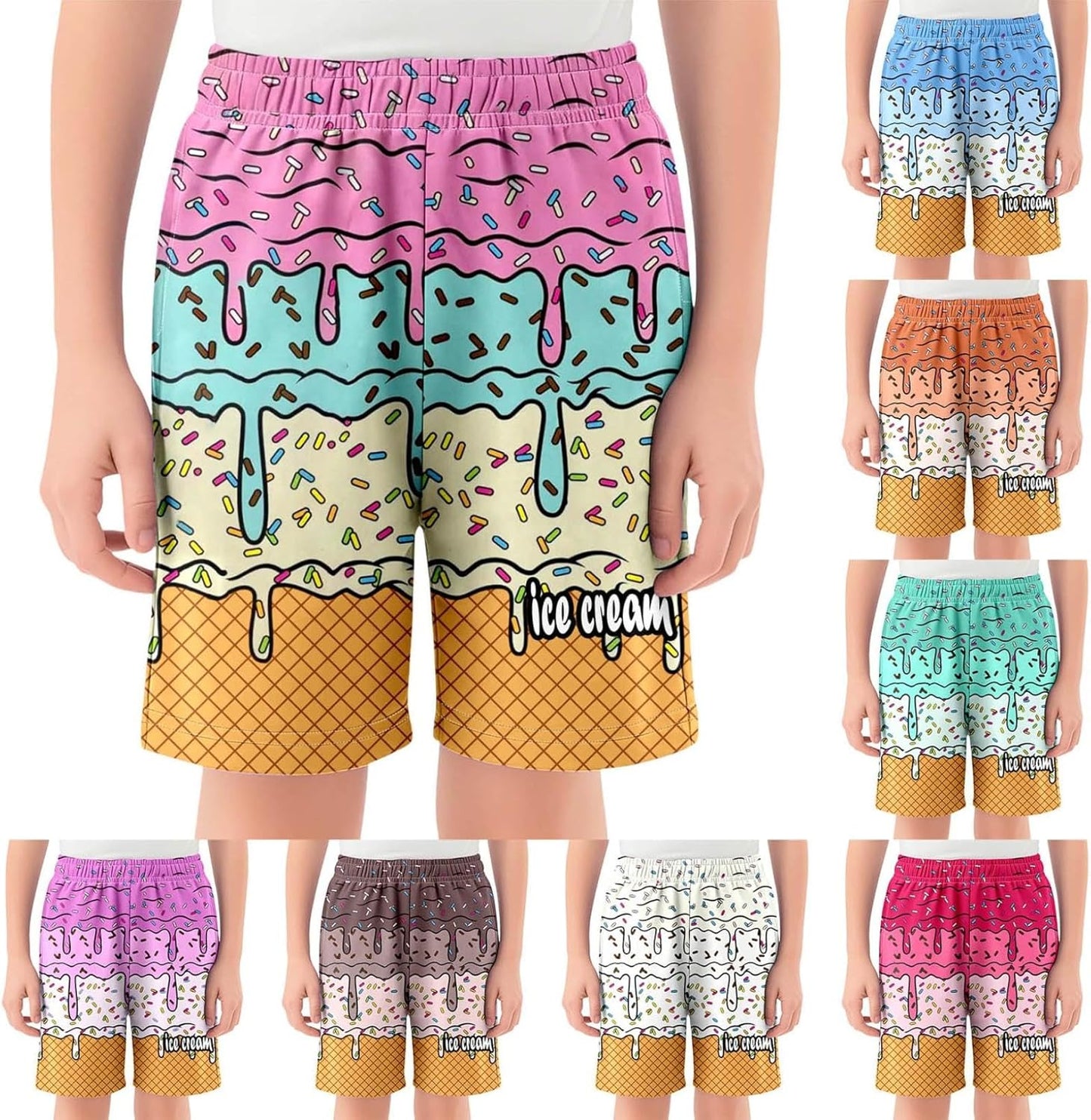 Ice Cream Shorts Boys Girls Elastic Waist Summer Cool Athletic Preppy Ice Cream Drip Baseball Shorts with Pockets