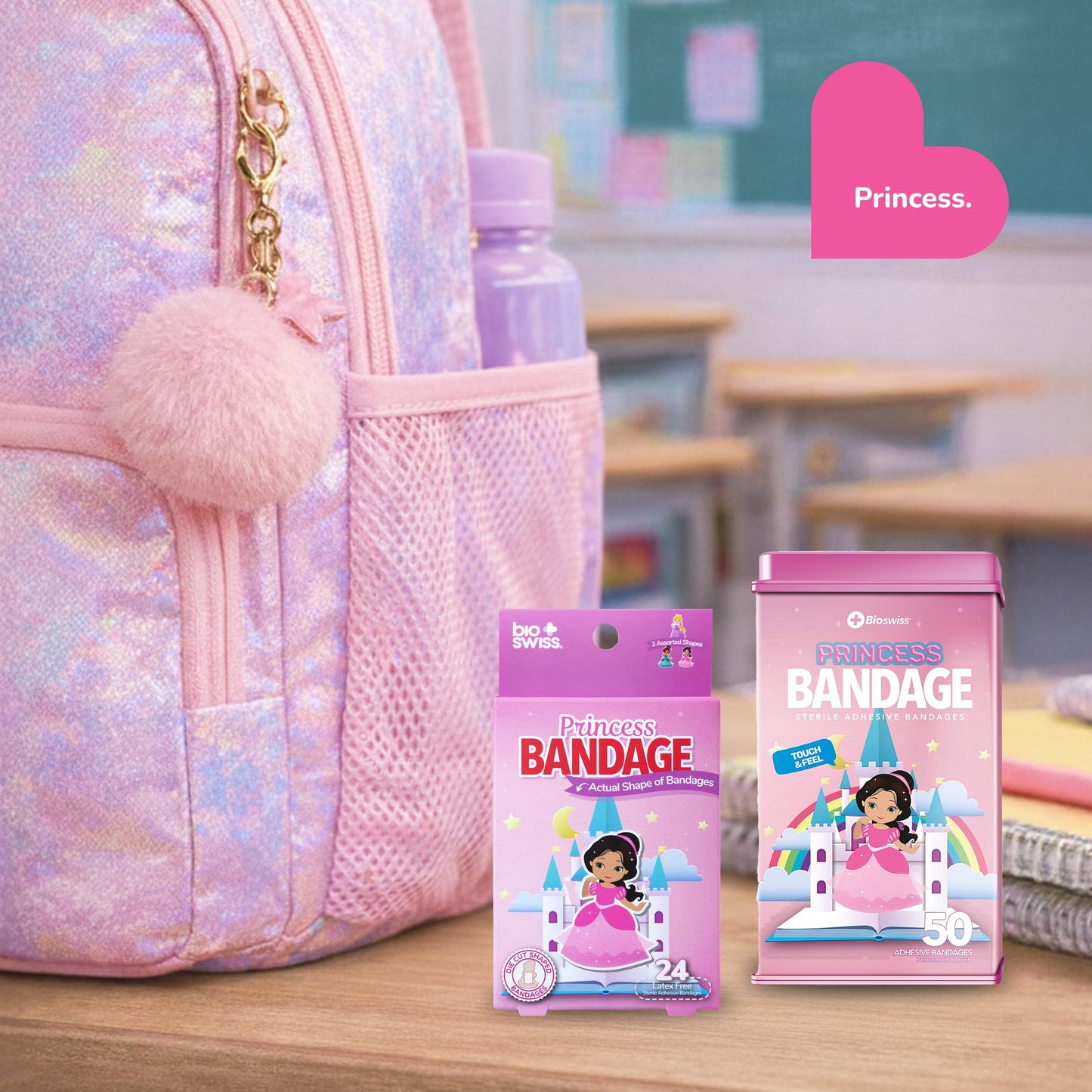 BioSwiss Bandages, Princess Shaped Self Adhesive Bandage Set, Latex Free, Sterile Wound Care, 24 Count