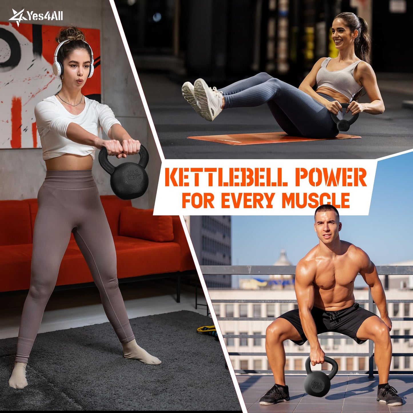 Yes4All Cast Iron Kettlebell, 5-80 Lb Built to Last One-Piece Design, Comfortable 1–2 Hand Grip for Swings, Squats, Deadlifts & Snatches, Stable Flat Base, Single & Pair - 50LB, Single