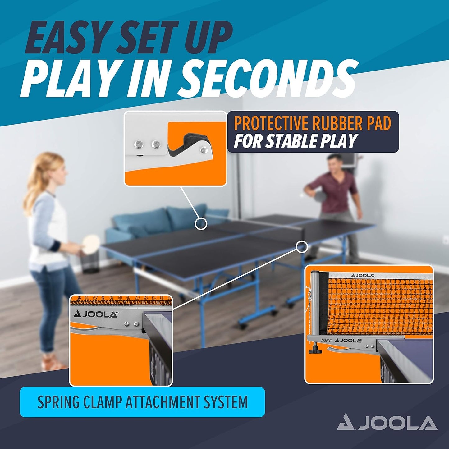 JOOLA Snapper Professional Table Tennis Net and Post Set - Portable and Easy Setup 72" Regulation Size Ping Pong Spring Activated Clamp Net, Silver