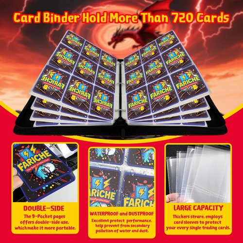 Trading Card Binder for TCG Cards, 9-Pocket Portable Card Collector Ablum Holder Book Fits 720 Cards with 40 Removable Sleeve, High Capacity Waterproof Card Binder Display Storage Carrying Cases