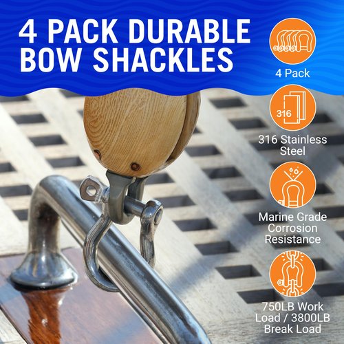 Premium Stainless Steel D-Ring Shackles, Marine Grade, 4-Pack, 1/4" Mini Bow or Clevis Anchor Shackle for Boat, Sailboat, Chain, Rigging Clasp