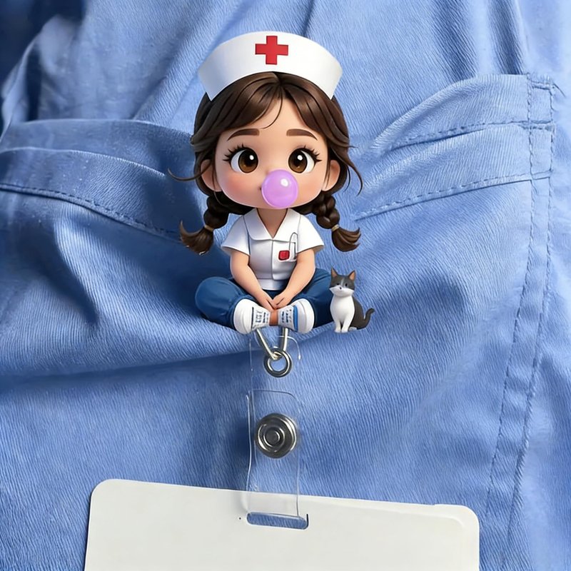Cute Nurse Girl & Cat Acrylic Badge Reel - Playful Medical Design ID Holder for Nurses | Retractable Badge Clip for Healthcare Workers, Pet Lovers | Ideal Gift for Nurse Appreciation/XPJ-31