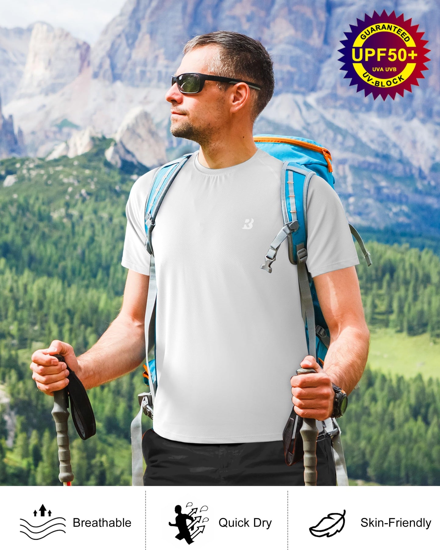 Roadbox Men's Rash Guard Short Slevee, UPF 50+ UV Sun Protection Water T-Shirts, Quick Dry Swim Shirts for Surf Beach Fishing (Large) White