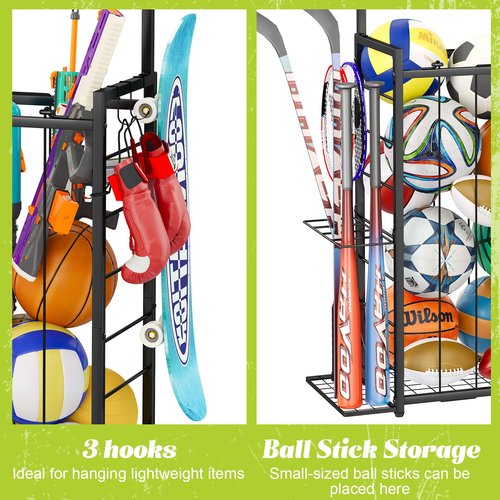 Sports Equipment Organizer, Big Garage Storage Ball Rack with Elastic Straps and 3 Hooks, Outdoor Toy Organizer Stand, Garage organization Storage Rack for Basketball, Football, Soccer, Volleyball